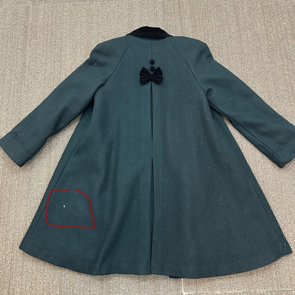 Vintage Jo Lene Dark Green Wool Blend Overcoat Size 14 Velvet Collar Bow Accent - Picture 9 of 9